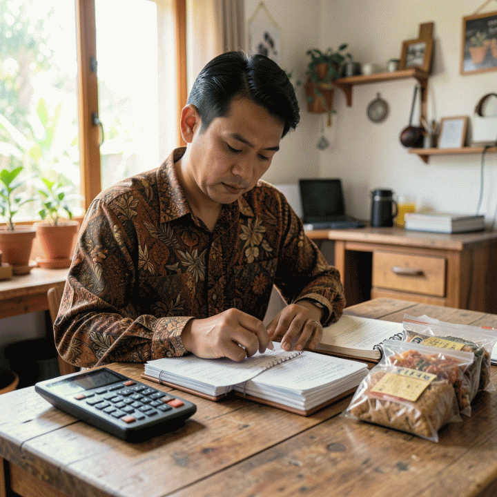 Pemilik UMKM Indonesia yang sedang menganalisis perhitungan keuangan dan menghitung harga jual produknya dengan serius di meja kerja yang nyaman.