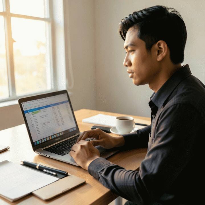 Seorang profesional muda Indonesia yang tenang dan terfokus di meja kerja minimalis, menunjukkan pengelolaan keuangan pribadi yang rapi dan terstruktur.