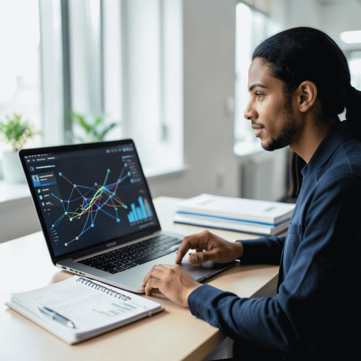 Seorang freelancer profesional di meja kerja yang rapi, menggunakan laptop dengan visualisasi data terpadu, melambangkan manajemen data proyek dan keuangan yang terstruktur.