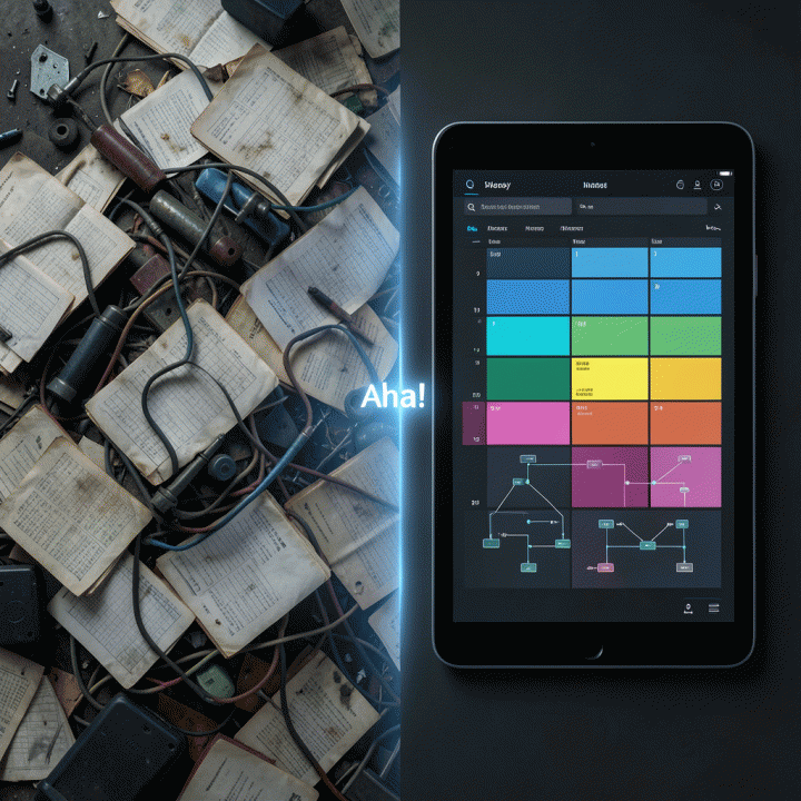 Visual perbandingan antara manajemen jadwal sewa alat yang kacau secara manual dan sistem digital yang rapi dan terstruktur.