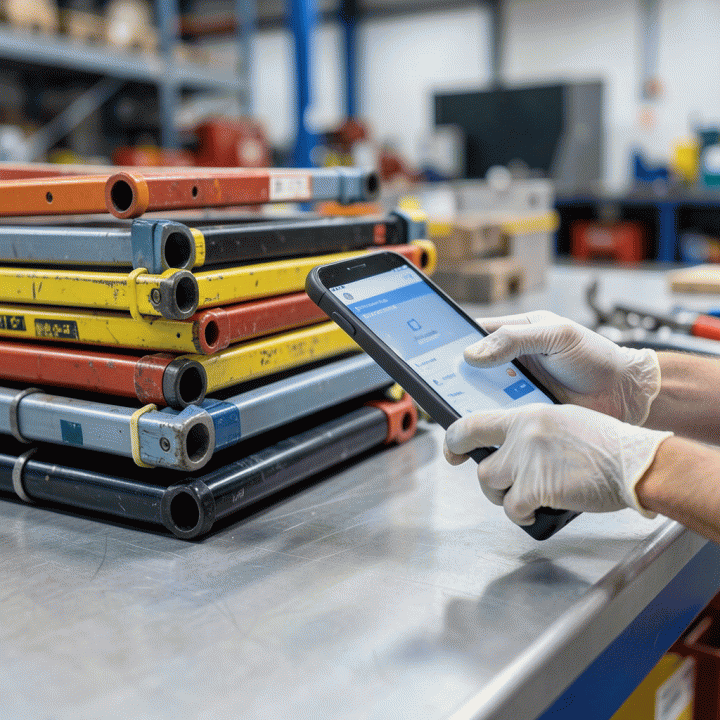 Petugas gudang menggunakan scanner digital untuk melacak dan memastikan inventaris alat sewa yang tertata rapi.