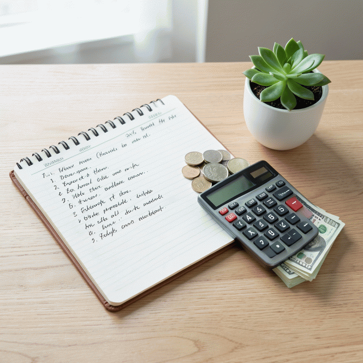 Foto flat-lay yang menunjukkan alat-alat perencanaan keuangan yang terorganisir, seperti buku catatan dan koin, melambangkan pengelolaan anggaran yang disiplin.
