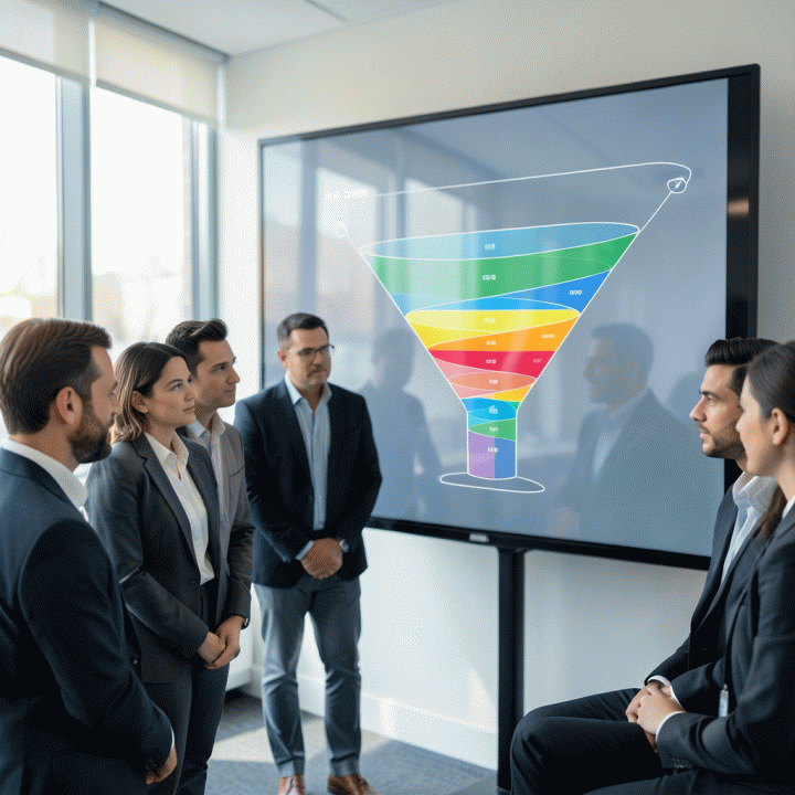 Tim profesional melihat visualisasi funnel penjualan yang terisi penuh dan terstruktur, melambangkan peningkatan kualitas pipeline penjualan.