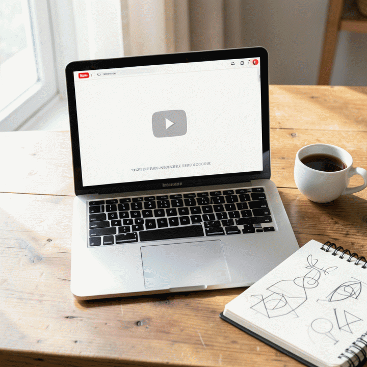 Foto flat lay profesional menunjukkan alat desain dan konsep thumbnail YouTube yang bersih dan terstruktur.