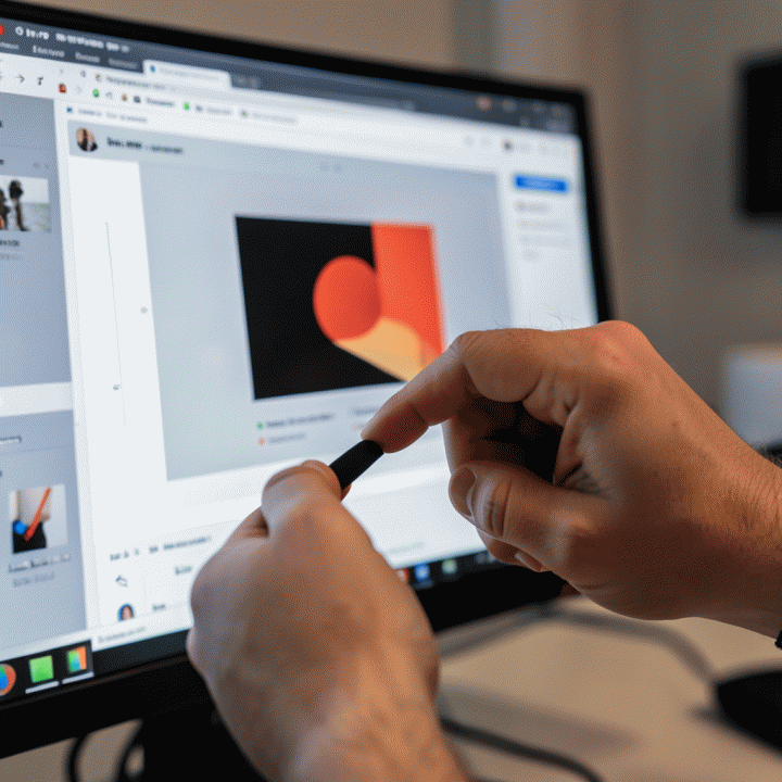 Tangan seorang desainer sedang memperbaiki tata letak dan komposisi desain thumbnail YouTube di monitor.