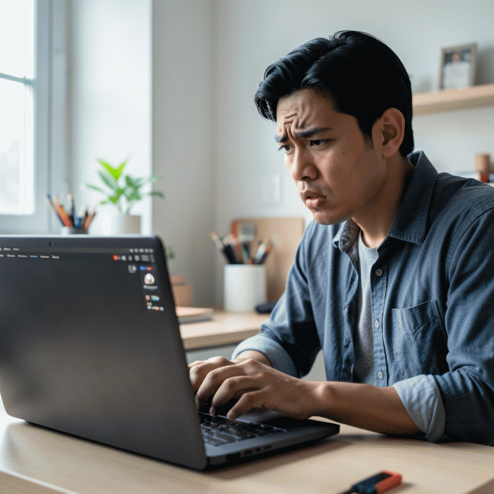Content creator frustrasi melihat desain thumbnail YouTube yang buruk di laptop, melambangkan penurunan CTR.