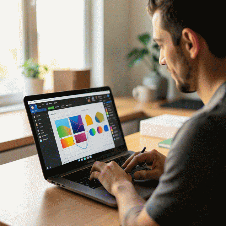 Seorang kreator konten sedang menggunakan alat desain AI di laptopnya, menunjukkan proses pembuatan thumbnail yang mudah dan cepat.
