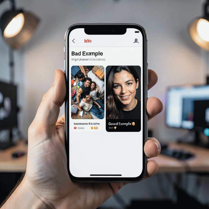 Tangan memegang smartphone yang menampilkan perbandingan thumbnail YouTube yang buruk dan yang profesional, melambangkan peningkatan kualitas konten.