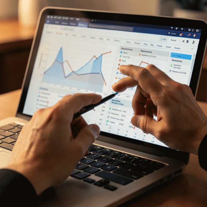 Tangan yang sedang meninjau data keuangan yang kompleks namun terorganisir pada layar laptop, melambangkan analisis anggaran yang mendalam.