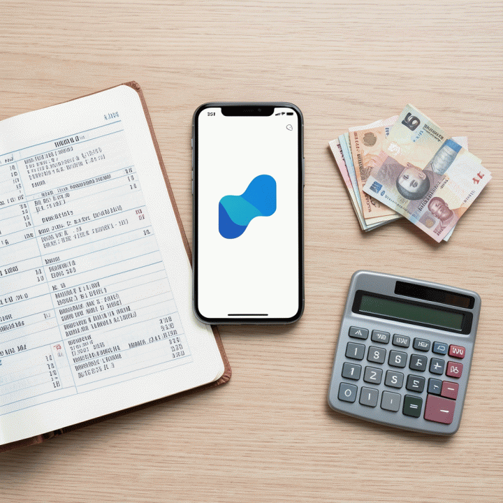 Foto datar (flat lay) alat-alat keuangan seperti ponsel dengan aplikasi anggaran, buku catatan, dan uang tunai, menunjukkan proses pelacakan transaksi.