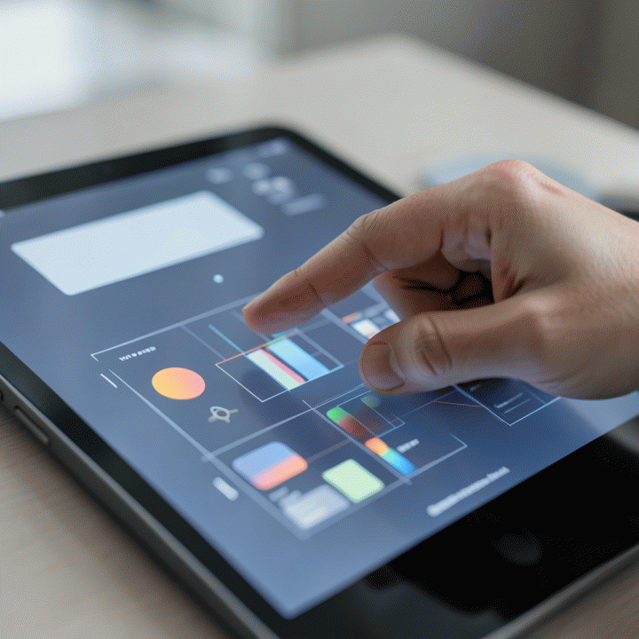 Tangan pengguna berinteraksi dengan antarmuka AI futuristik di tablet, menunjukkan proses pembuatan desain visual yang otomatis dan berkualitas tinggi.