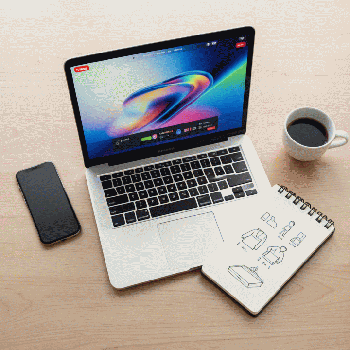 Flat lay meja kerja yang menampilkan laptop dengan konsep thumbnail profesional, menunjukkan perpaduan alat teknologi dan kreativitas content creator.