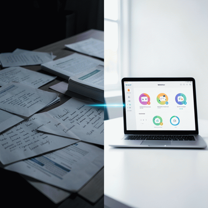 Perbandingan antara proses penyusunan materi ajar yang rumit secara manual vs. yang cepat dan terstruktur menggunakan AI.