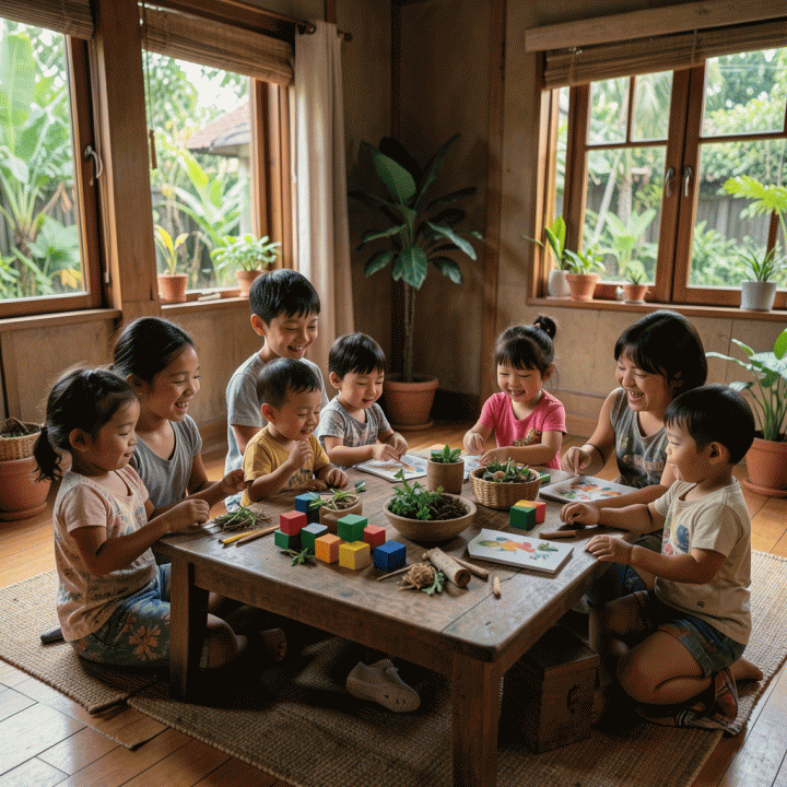 Adegan belajar holistik yang menyenangkan di rumah Indonesia, menunjukkan anak-anak usia dini berinteraksi dengan materi belajar yang menggabungkan aspek akademik dan emosional.