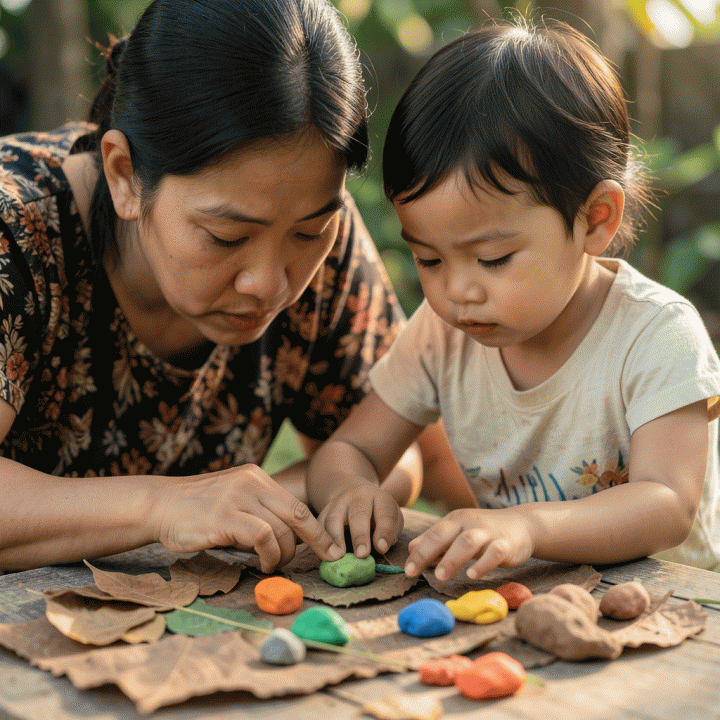 Interaksi hangat antara ibu dan anak saat melakukan kegiatan seni kreatif yang fokus pada pengembangan emosional.