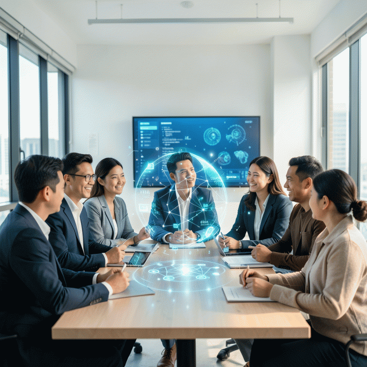 Tim bisnis Indonesia yang berkolaborasi dengan representasi holografik tren AI masa depan di kantor modern.