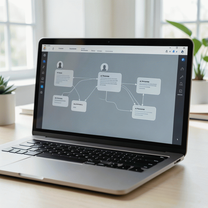 Tampilan aplikasi AI yang menampilkan struktur persona dan strategi bisnis yang terorganisir.
