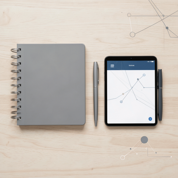 Tampilan atas (flat lay) dari alat-alat karir yang terorganisir, termasuk planner dan buku catatan, melambangkan perencanaan karir yang matang dan sistematis.