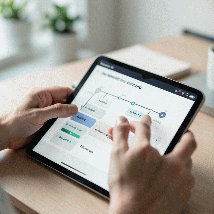 Tangan seseorang sedang mengelola dan memindahkan status lamaran kerja pada antarmuka digital yang terorganisir di tablet, menunjukkan pelacakan proses karir yang sistematis.