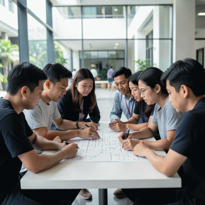 Kelompok mahasiswa Indonesia yang sedang berdiskusi intensif dan memecahkan masalah kompleks di lingkungan kampus modern, melambangkan kolaborasi dan kesiapan karir.