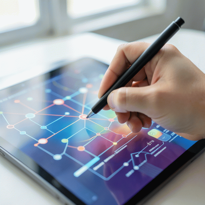 Tangan berinteraksi dengan antarmuka digital abstrak yang menunjukkan pola dan analisis data, melambangkan asesmen kognitif.