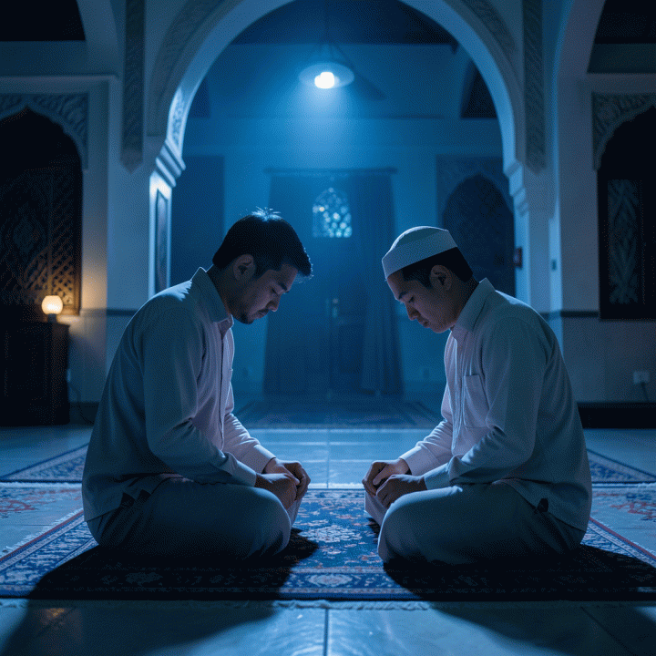 Pasangan Muslim muda melakukan salat tahajud di masjid yang tenang saat dini hari, memancarkan suasana spiritual dan khusyuk.