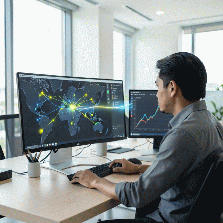 Seorang manajer pemasaran digital profesional sedang menganalisis data kompleks di layar monitor yang menampilkan celah (gap) peluang pasar yang belum terjamah kompetitor.