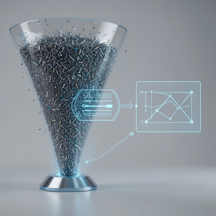Visualisasi proses penyaringan data besar menjadi strategi pemasaran yang terstruktur dan actionable.