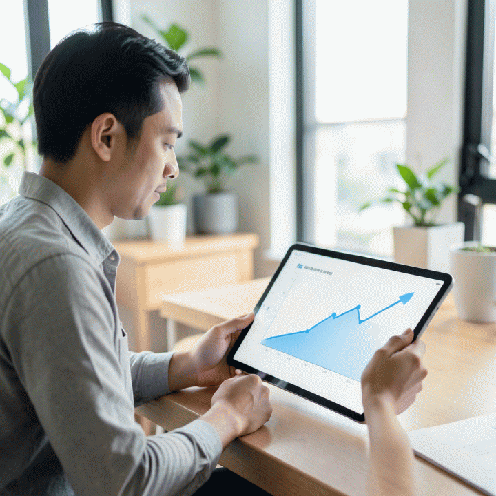 Seseorang yang fokus meninjau grafik kemajuan keuangan yang menunjukkan pertumbuhan positif, melambangkan pencapaian target finansial.