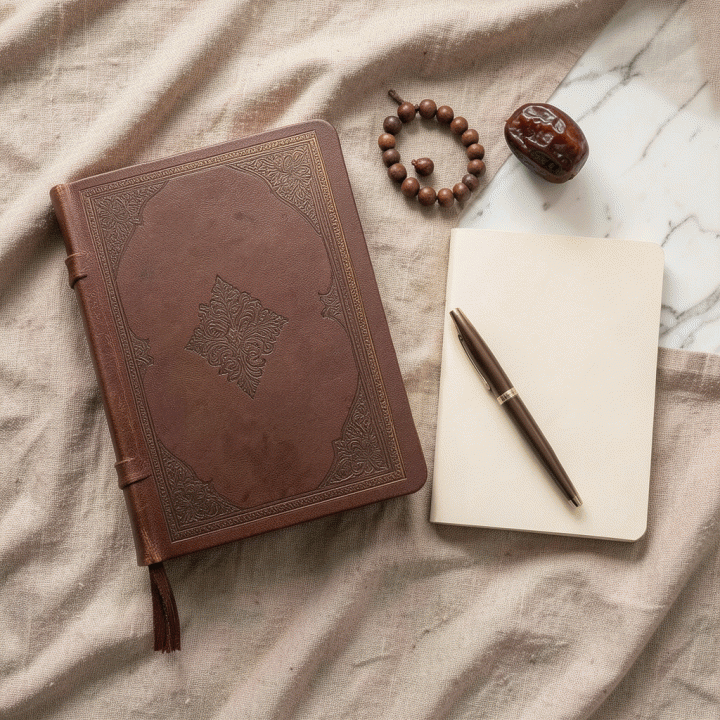 Foto flat lay yang menampilkan alat-alat ibadah dan perencanaan harian seperti jurnal, tasbih, dan pena di atas latar belakang alami, menunjukkan persiapan spiritual.