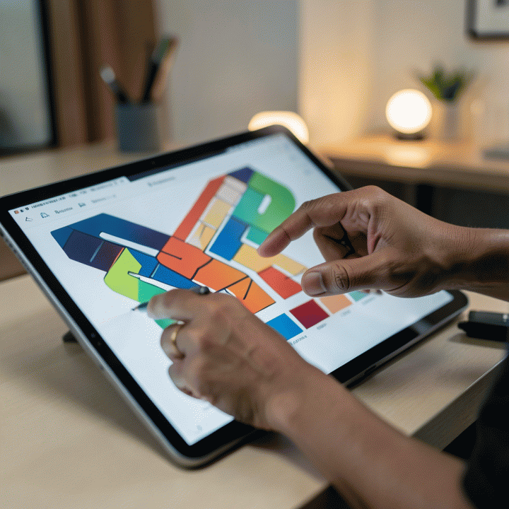 Tangan seorang seniman digital bekerja dengan tablet yang menampilkan palet warna dan pola konsisten untuk menjaga integritas visual brand.