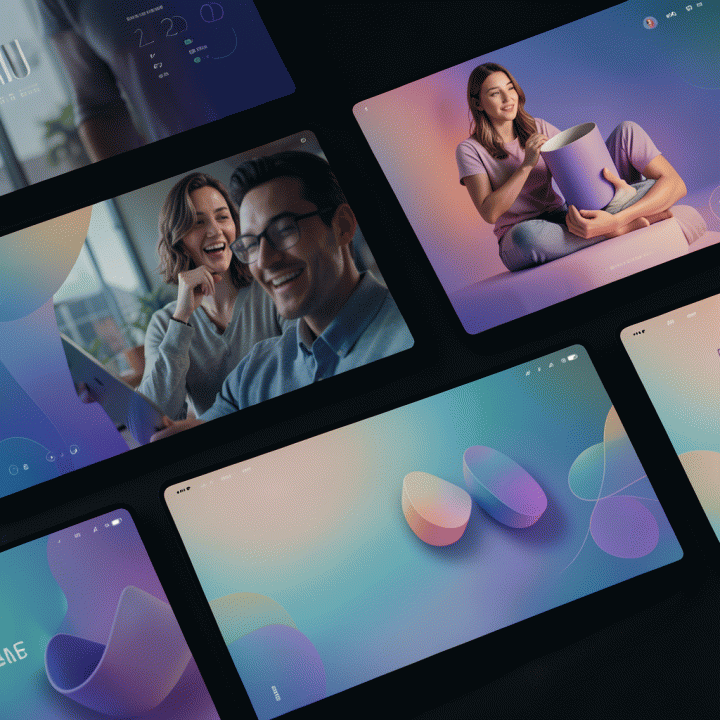 Kolase visual multi-layar yang menunjukkan transisi adegan video yang mulus dengan palet warna dan gaya brand yang konsisten.