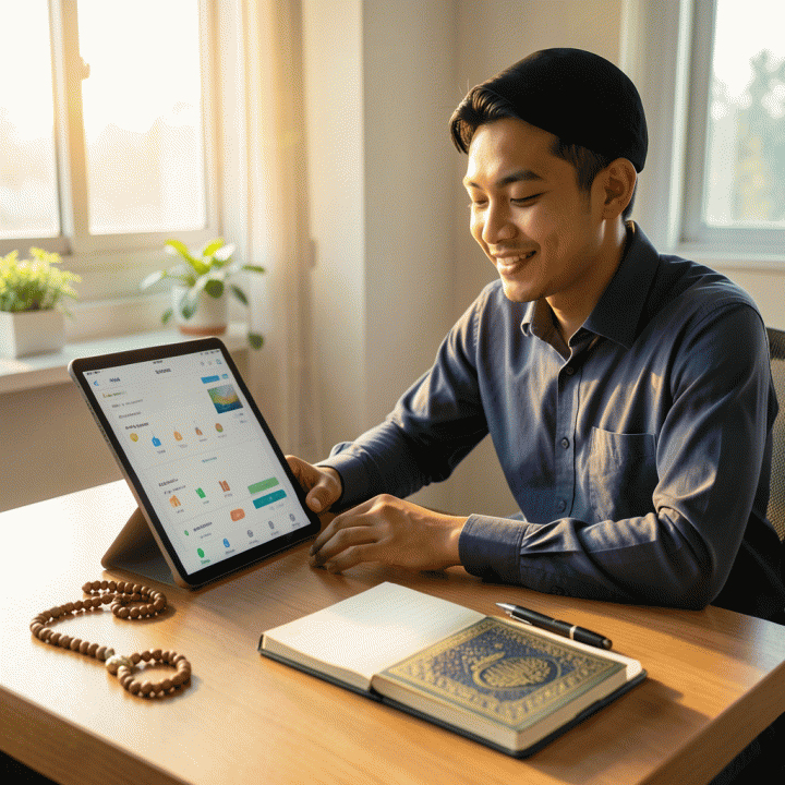 Foto realistis seorang profesional Muslim muda Indonesia yang fokus menggunakan sistem pelacak kebiasaan ibadah digital yang rapi di meja kerjanya yang minimalis, menunjukkan konsistensi dan ketenangan spiritual.