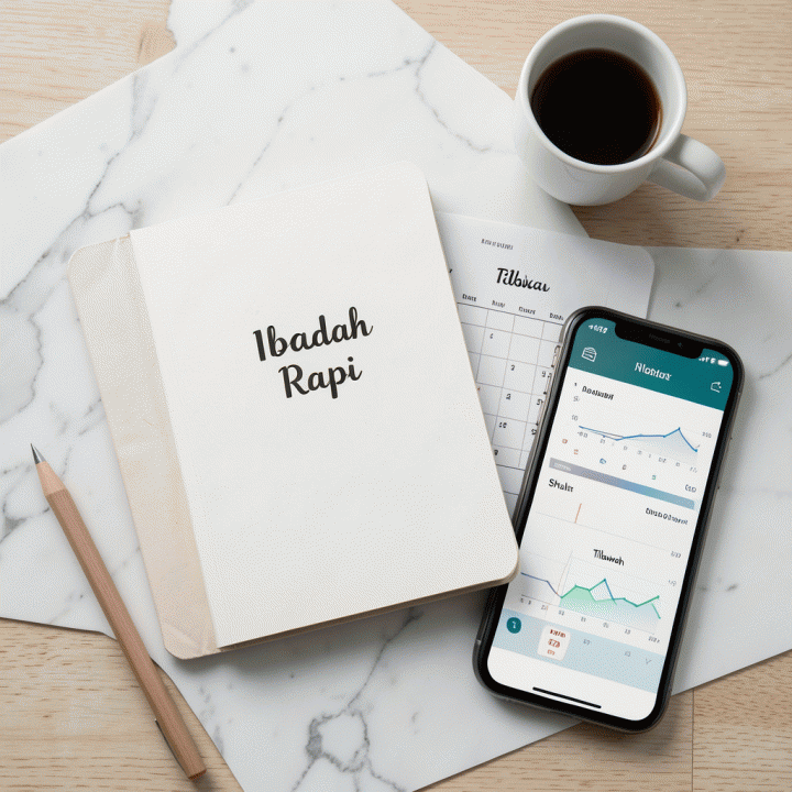 Gambar flat lay yang menampilkan alat pelacak kebiasaan ibadah (habit tracker) yang rapi dan estetik di atas meja kerja minimalis, melambangkan sistematisasi ibadah.
