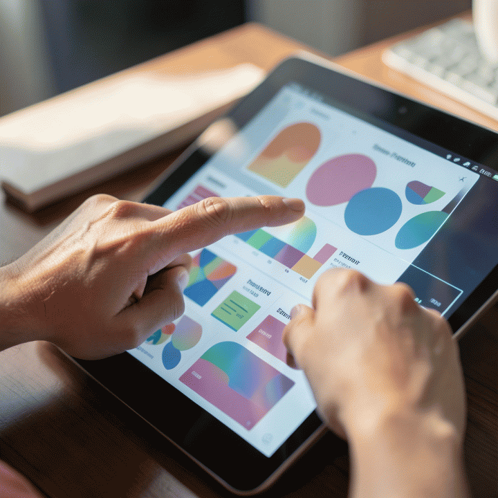 Tangan seseorang berinteraksi dengan antarmuka digital yang menampilkan elemen-elemen brand yang konsisten, menunjukkan proses penataan visual menggunakan AI.
