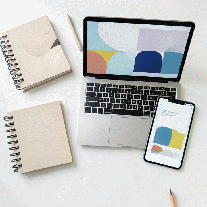 Komposisi flat lay meja kerja digital yang rapi, menampilkan berbagai alat dan tablet yang menunjukkan mockup aset visual dengan estetika brand yang konsisten.
