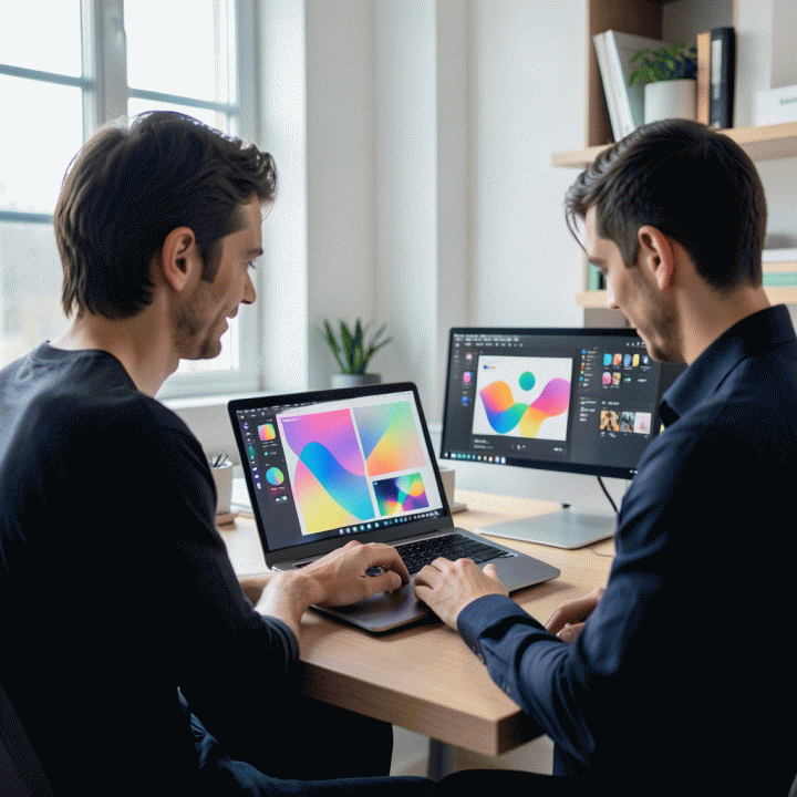 Seorang digital seller profesional menggunakan laptop di meja kerja modern, dikelilingi oleh visualisasi aset digital yang konsisten dan terpadu, menunjukkan penggunaan AI untuk menjaga konsistensi brand.