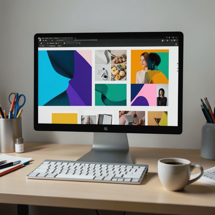 Ruang kerja kreatif modern dengan layar yang menampilkan palet warna dan elemen visual brand yang konsisten di sebuah desktop profesional.