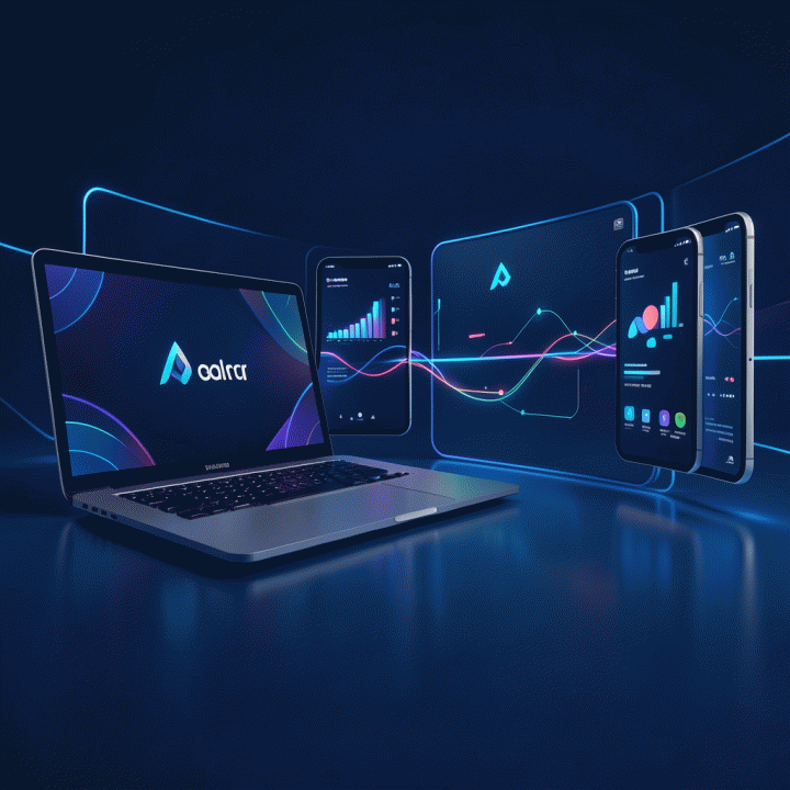 Ilustrasi visualisasi konsistensi branding digital yang mengalir mulus di berbagai perangkat teknologi modern, menunjukkan alur kerja yang terorganisir dan profesional.