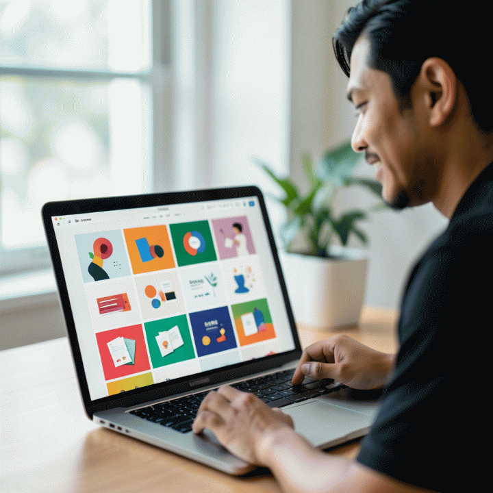 Content creator yang tampak percaya diri melihat hasil thumbnail yang konsisten secara visual di laptop, menunjukkan kemudahan dan efisiensi kerja.
