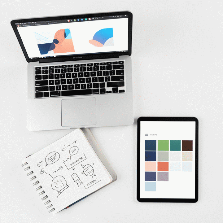 Tampilan atas (flat lay) dari berbagai alat kreatif digital yang mendukung proses branding dan konsistensi visual.