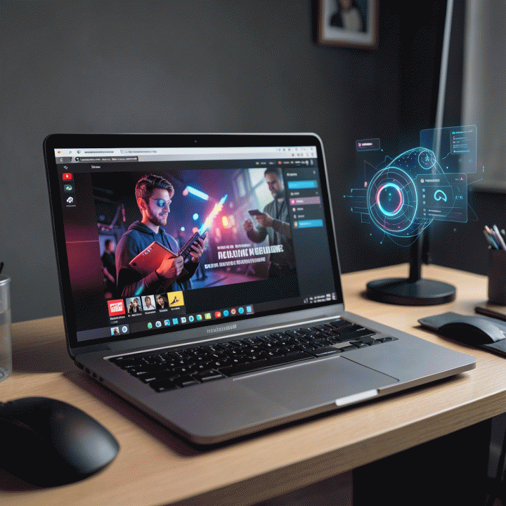 A cinematic representation of a content creator using AI tools to design an engaging and consistent YouTube thumbnail, emphasizing efficiency and high-quality content creation.