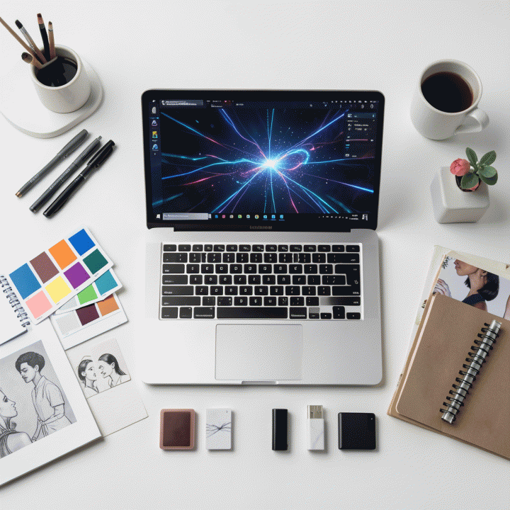 Pengaturan flat lay yang menunjukkan elemen-elemen kreatif dan teknologi untuk pembuatan konten iklan, seperti palet warna, buku catatan, laptop dengan tampilan AI, dan produk mockup.
