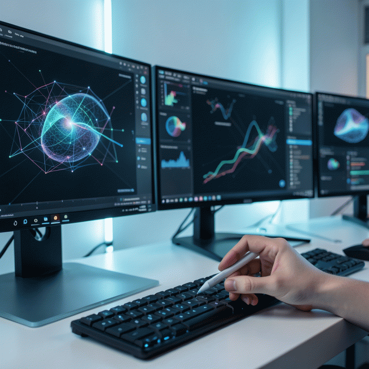 Tampilan ruang kerja modern yang menampilkan antarmuka AI generatif di banyak monitor. Sebuah tangan terlihat sedang berinteraksi dengan antarmuka pengguna yang futuristik, menggambarkan proses pembuatan konten iklan massal secara digital dan efisien.