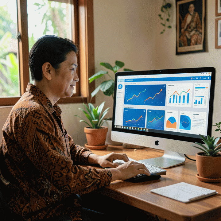 Pemilik UMKM Indonesia yang tersenyum melihat layar komputer yang menampilkan berbagai variasi iklan digital yang dihasilkan oleh AI, menunjukkan solusi pemasaran yang mudah dan efektif.