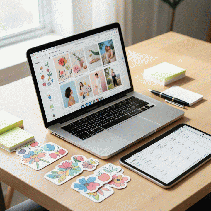 Meja kerja digital yang estetik dengan aset stiker, laptop, dan jurnal digital, melambangkan konsistensi konten kreatif.