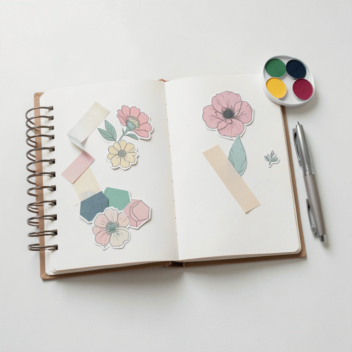 Komposisi flat lay dari jurnal digital yang dipercantik dengan berbagai aset stiker premium, menunjukkan penggunaan untuk perencanaan dan jurnal.