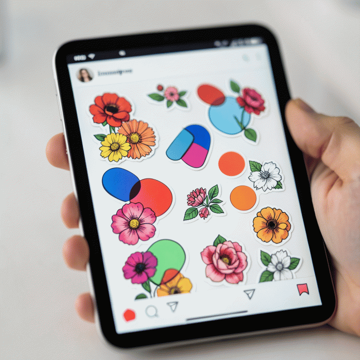Tampilan dekat tablet yang menunjukkan cara mendekorasi Instagram Story menggunakan aset stiker digital yang estetik.