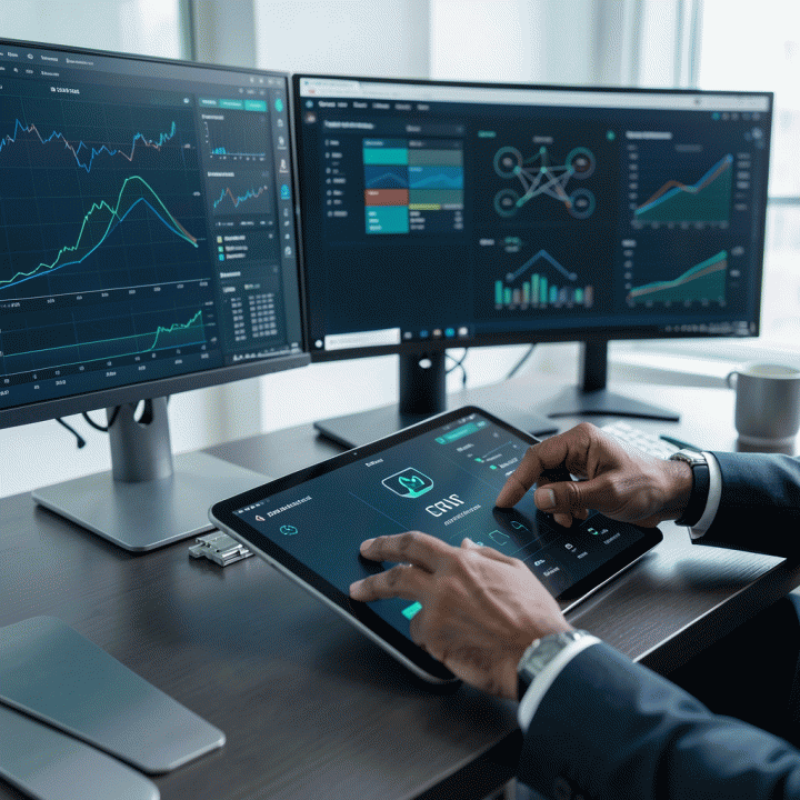 Visualisasi profesional yang aman dan terkontrol dari data keuangan di atas meja kerja modern seorang freelancer, menunjukkan konsep kontrol akses data.