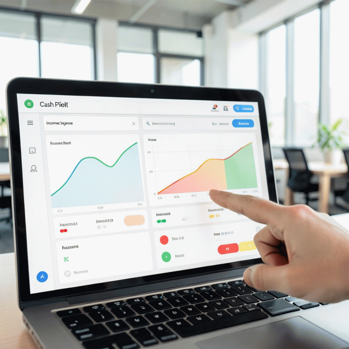 Tampilan antarmuka dashboard keuangan digital yang bersih dan terorganisir pada laptop, berfokus pada tata letak kontrol akses, tanpa teks yang terbaca.